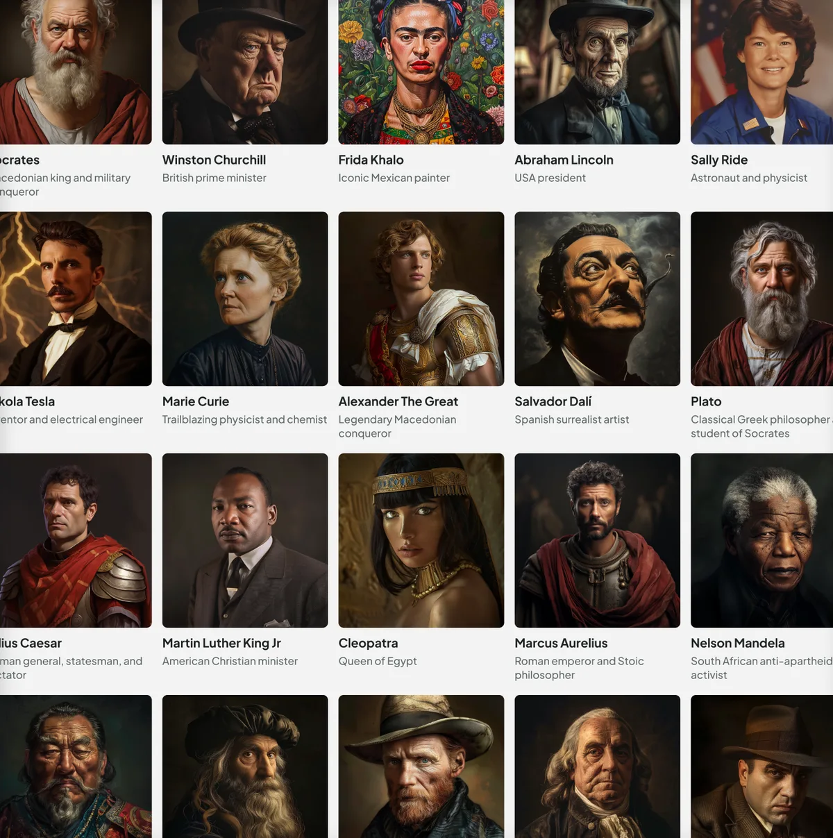 Humy historical figure library showing AI-powered conversations with historical characters